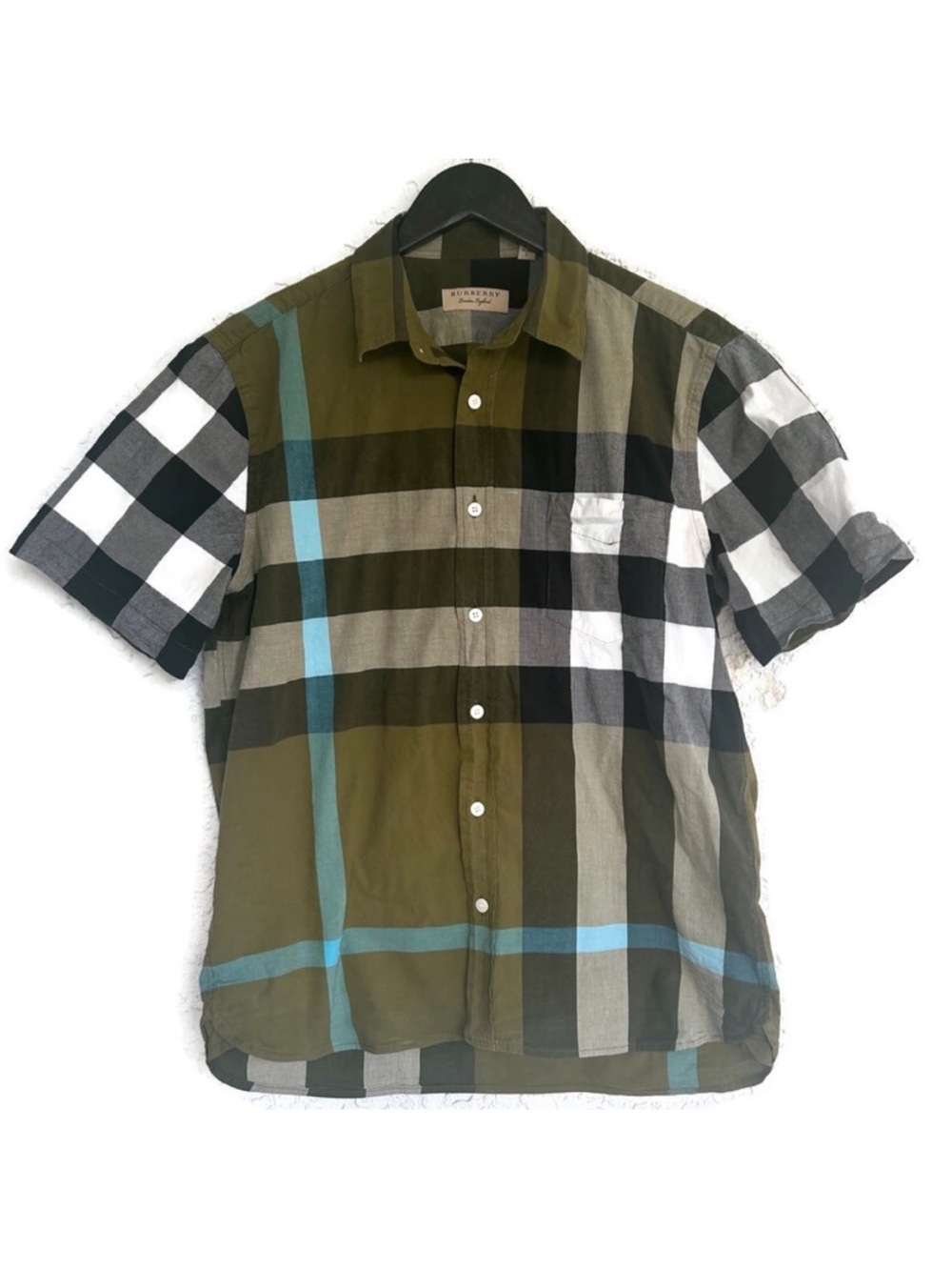 Burberry London Men's Short Sleeve Check Stretch Cotton
Shirt Olive Green Large